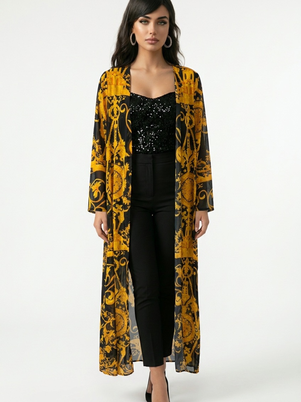 BANJUL | Black and Dark Gold Floral-Scroll Sheer Duster Women’s Size Medium